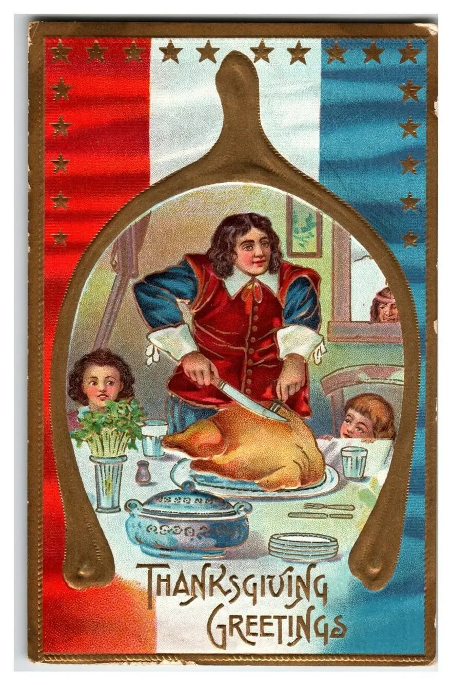 1910 Thanksgiving Greetings Postcard Pilgrim Carving Turkey US Flag VT Postmark